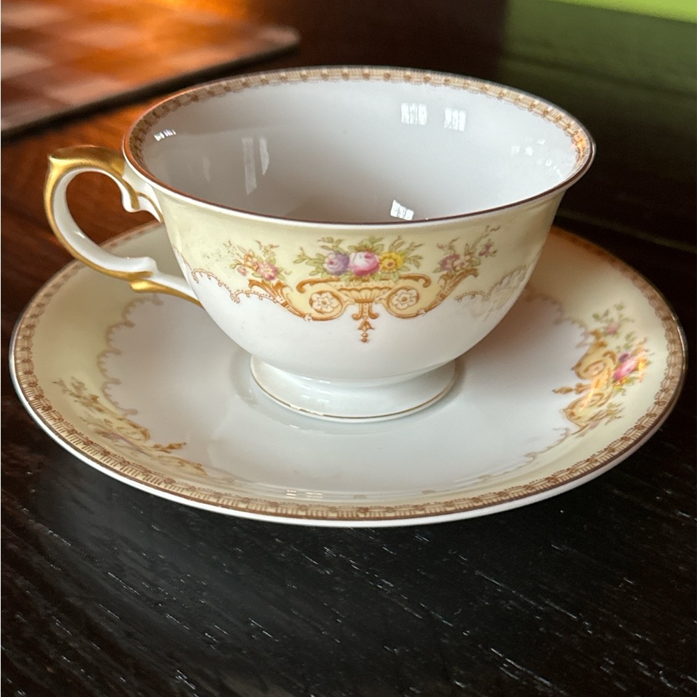 Meito Tea Cup and Saucer, Made in Japan, Hand Painted, Gold Handle/Trim, Floral